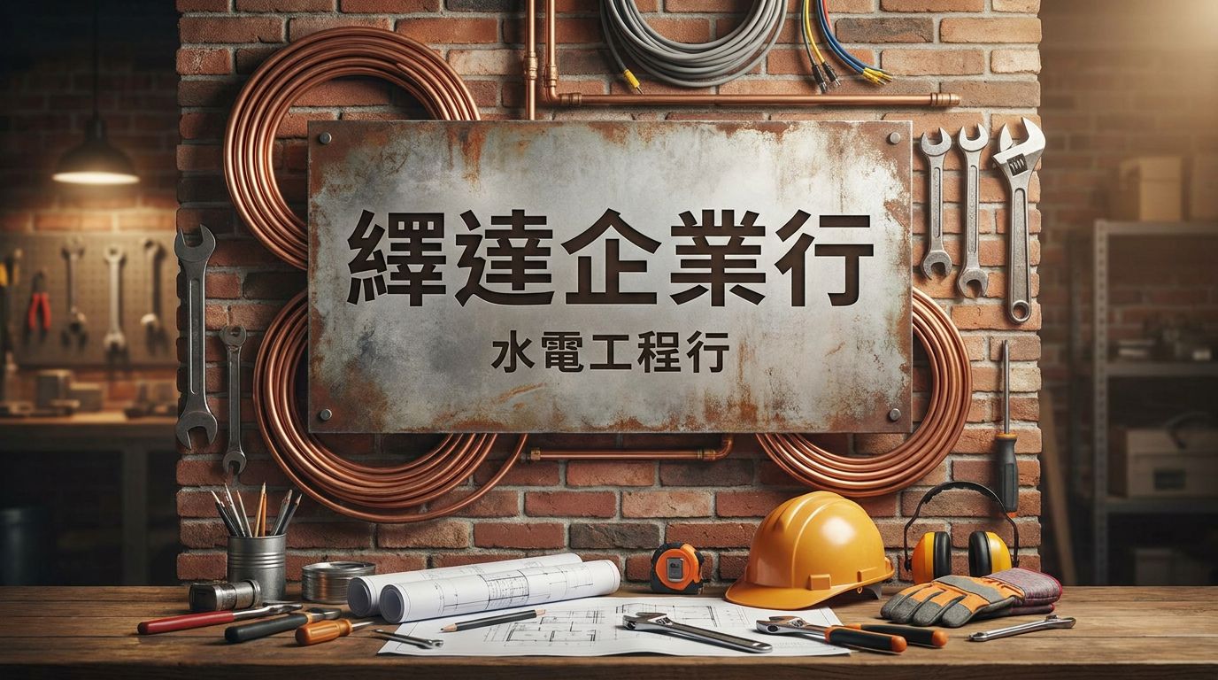 繹達企業行工作場景:磚牆前掛著金屬招牌「繹達企業行 水電工程行」,搭配銅製水管、扳手、安全帽、藍圖等水電工程工具,呈現專業職人形象。